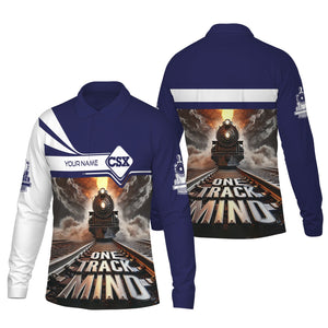 Railspirit Personalized CSX Transportation Railroad Long Sleeve Polo Shirt One Track Mind Train Printed Shirt