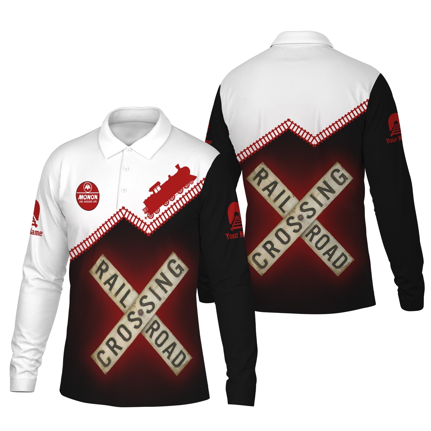 Railspirit Custom Name Monon Railroad Long Sleeve Polo Shirt Railroad Crossing Printed Train Track Shirt