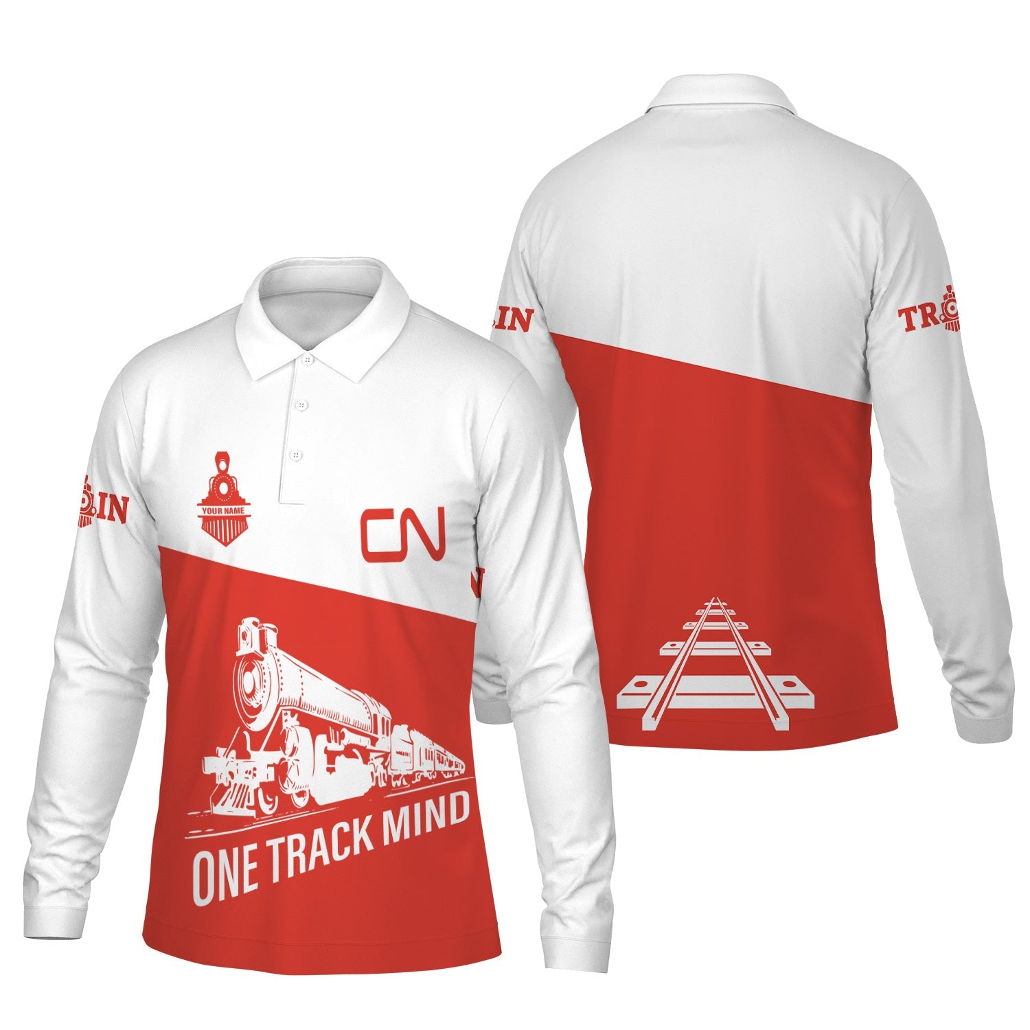 Railspirit Custom Name Canadian National Railroad Long Sleeve Polo Shirt One Track Mind Printed Shirt