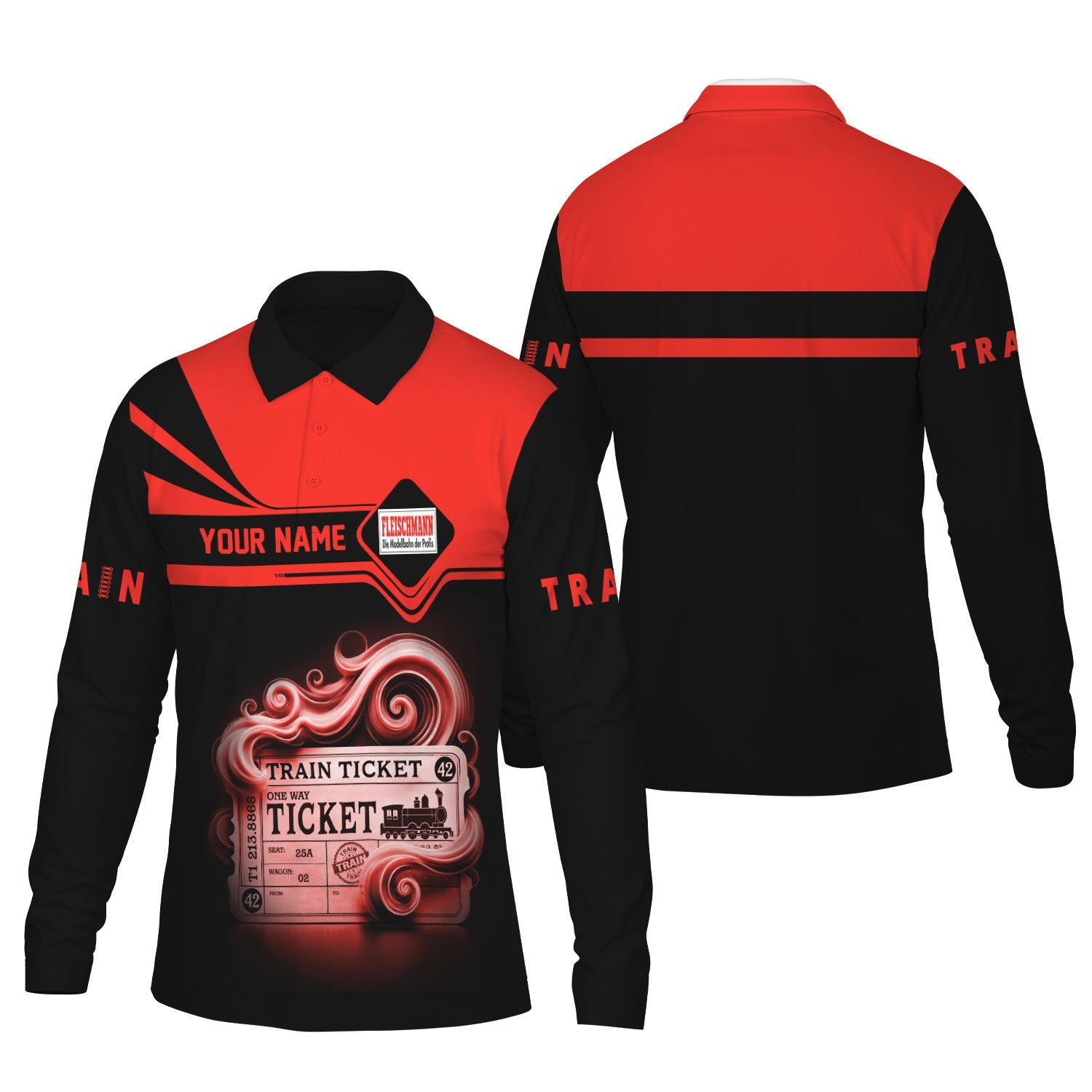 Railspirit Custom Name Fleischmann And Western Railroad Long Sleeve Polo Shirt Train Ticket Printed Shirt