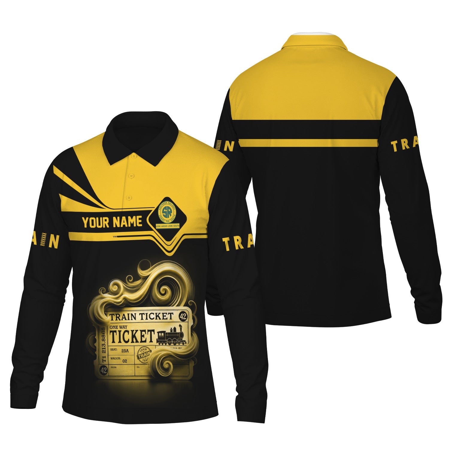 Railspirit Custom Name Southern Railway U.S Long Sleeve Polo Shirt Train Ticket SOU Printed Shirt