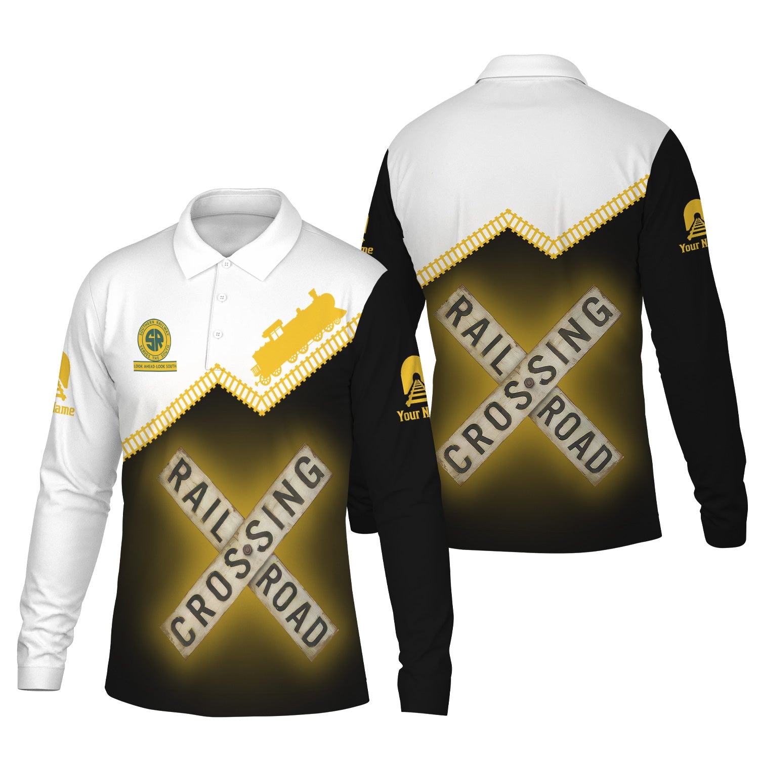 Railspirit Custom Name Southern Railway U.S Long Sleeve Polo Shirt Railroad Crossing SOU Printed Train Track Shirt