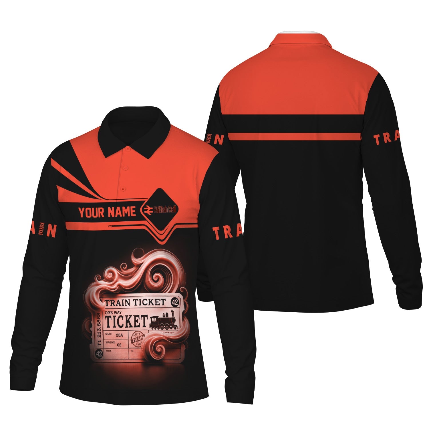 Railspirit Custom Name Bristish Railway Long Sleeve Polo Shirt Train Ticket Printed Shirt