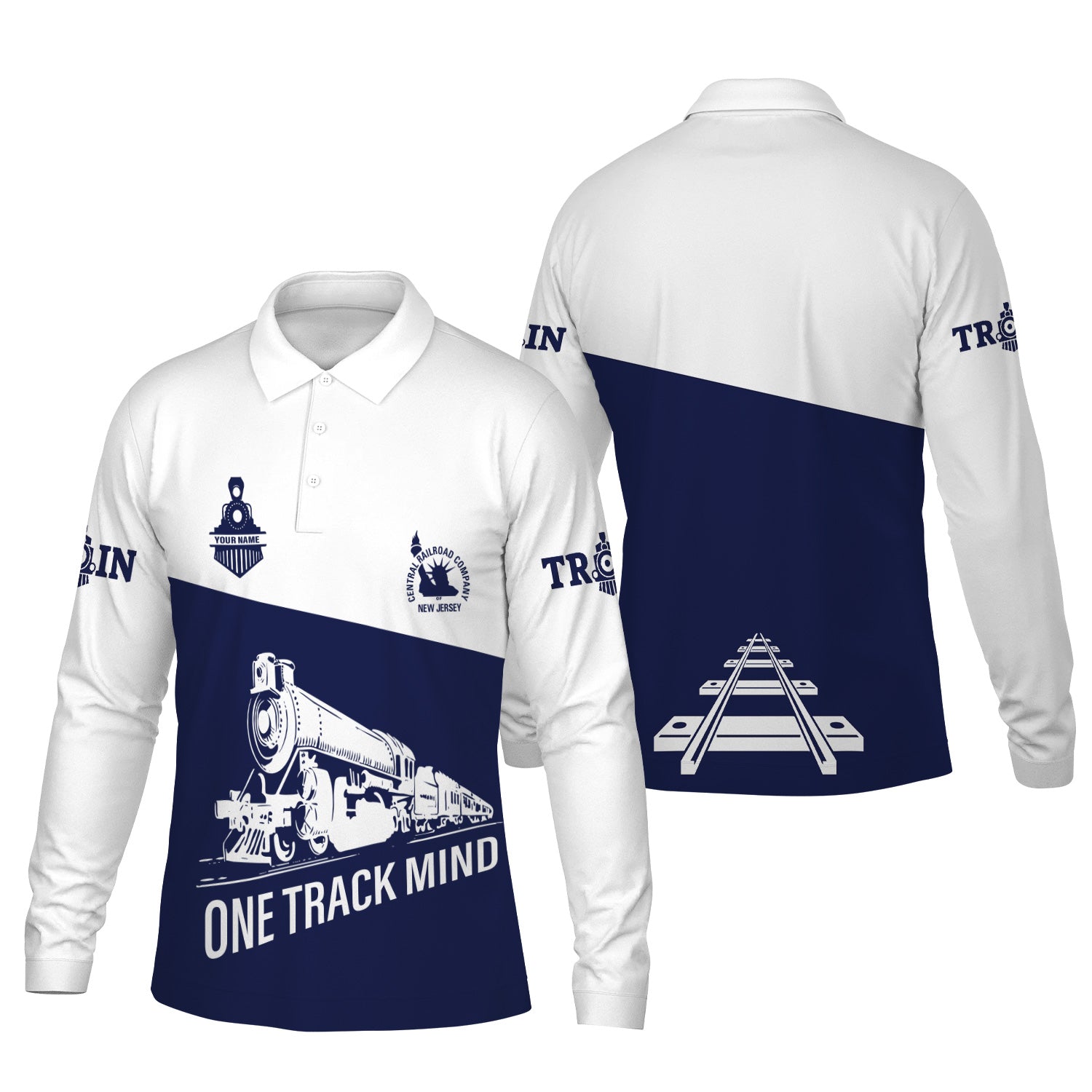 Railspirit Custom Name Jersey Central Railroad Long Sleeve Polo Shirt One Track Mind Printed Shirt