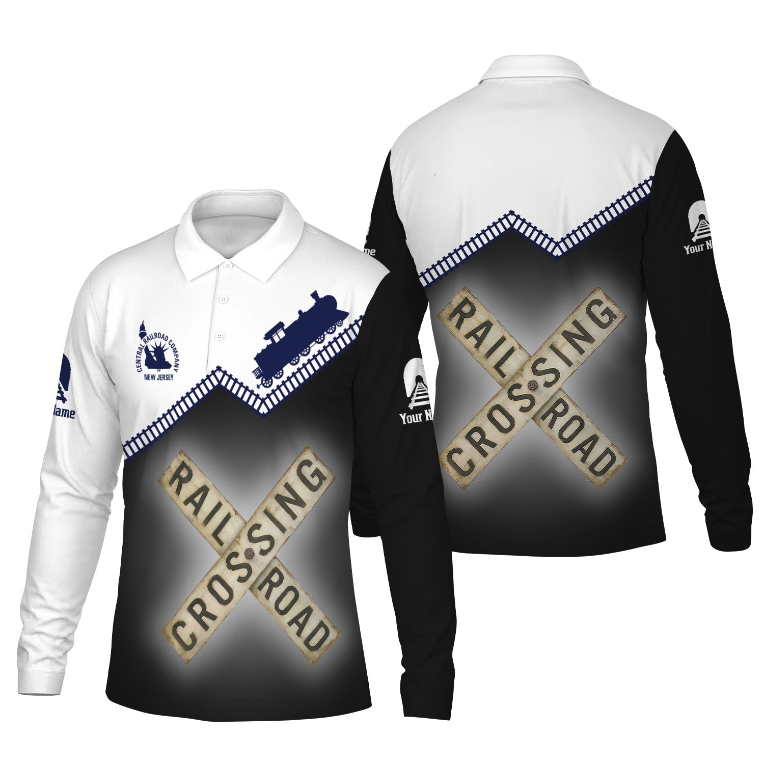 Railspirit Custom Name Jersey Central Railroad Long Sleeve Polo Shirt Railroad Crossing Printed Train Track Shirt
