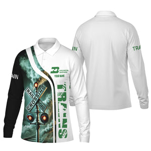 Railspirit Custom Name Burlington Northern Railroad Long Sleeve Polo Shirt Railroad Crossing Sign Printed Shirt