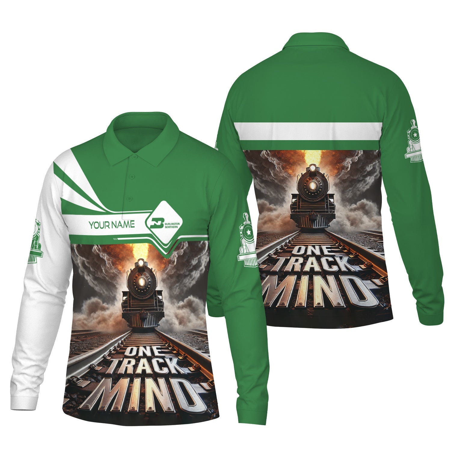 Railspirit Personalized Burlington Northern Railroad Long Sleeve Polo Shirt One Track Mind Train Printed Shirt