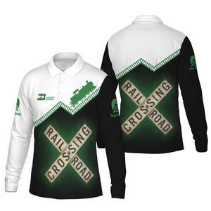 Railspirit Custom Name Burlington Northern Railroad Long Sleeve Polo Shirt Railroad Crossing Printed Train Track Shirt