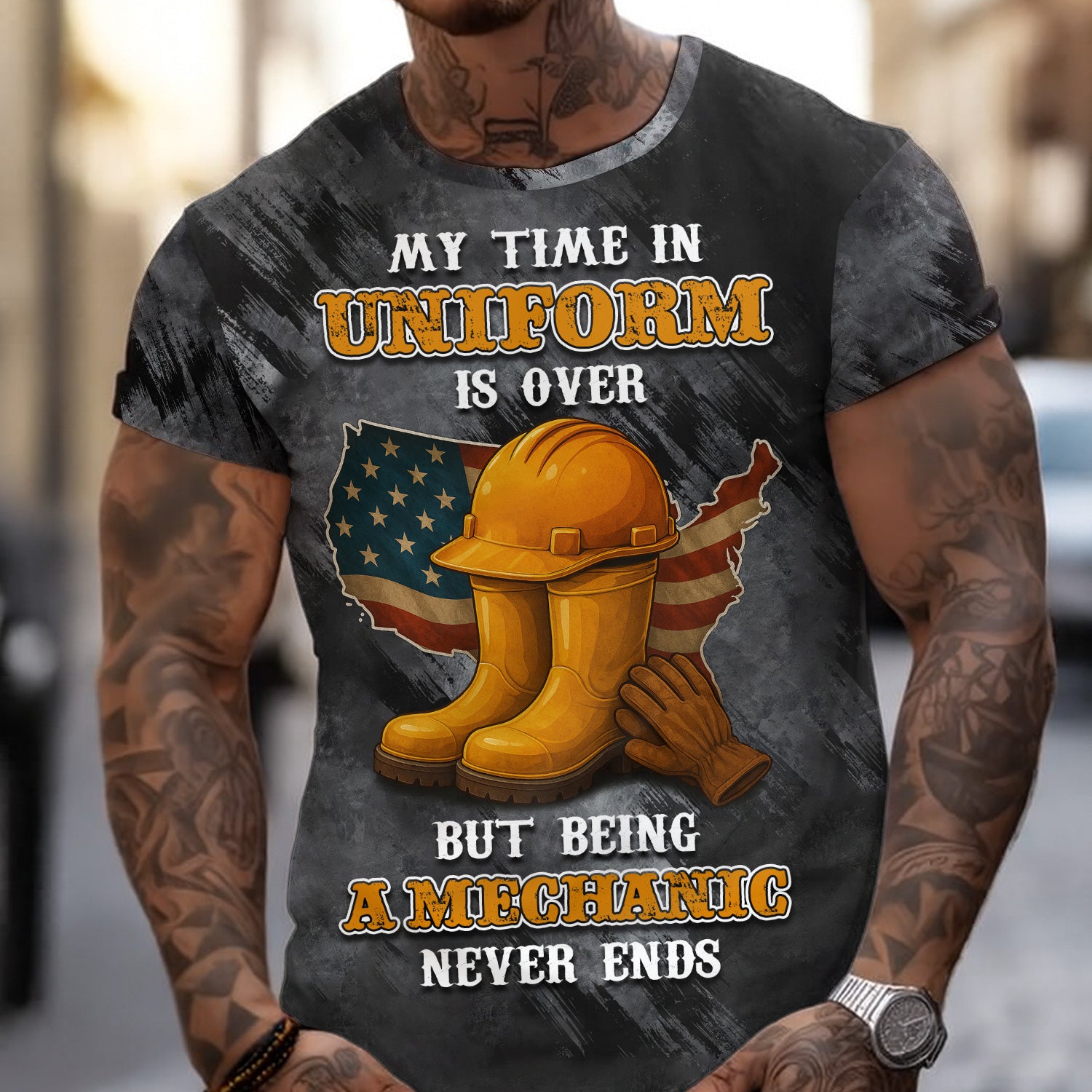 Funny Mechanic T Shirt My Time In Uniform Is Over But Being A Mechanic Never Ends American Flag Auto Repair Garage Workwear Gift For Men Dad
