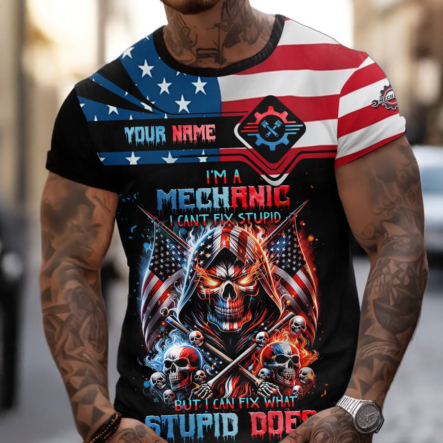Custom Mechanic Shirt, Fix Stupid Design, Personalized Name, American Flag Skull Graphic, Funny Mechanic T-shirt for Men & Women