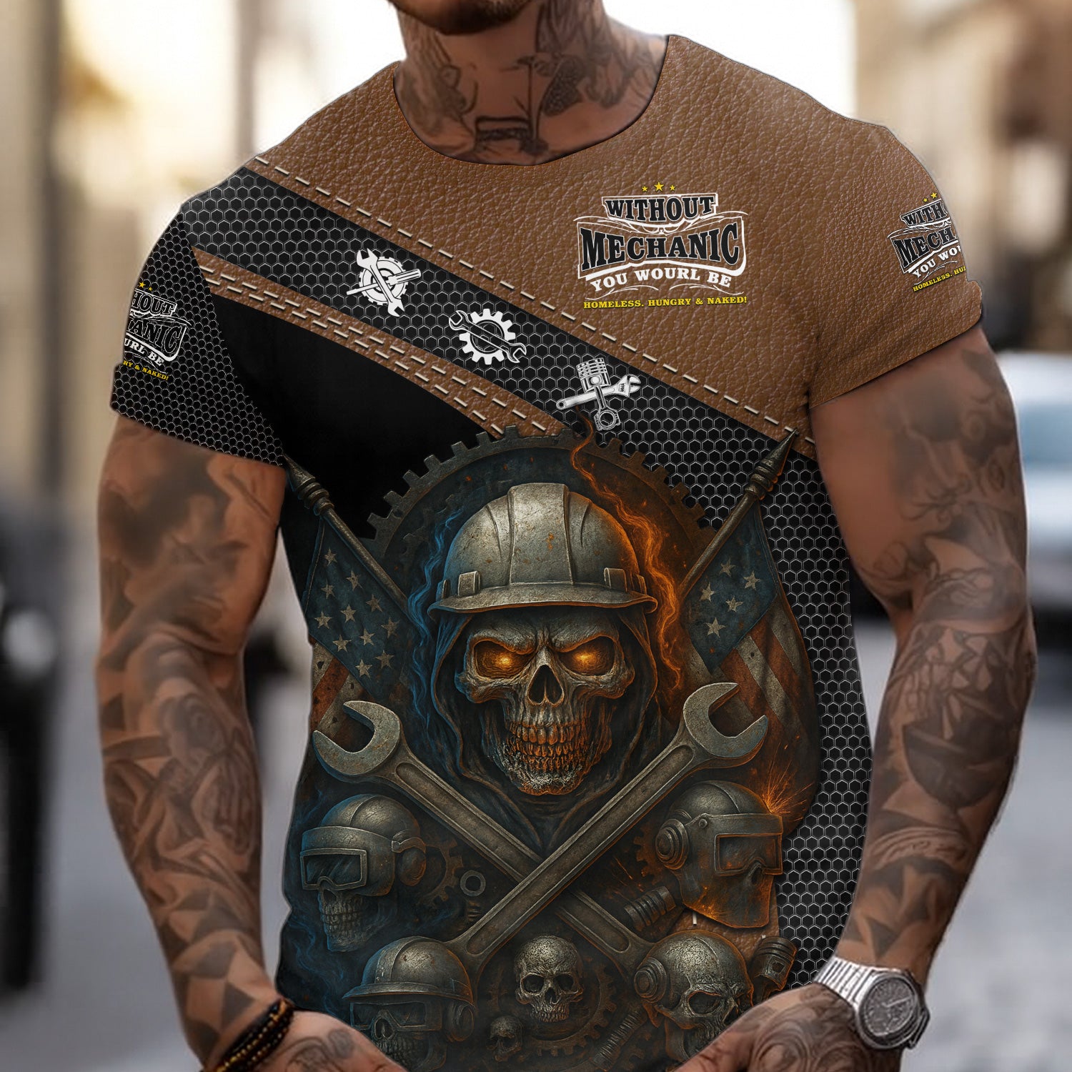 Skull Mechanic T Shirt Without Mechanic You Would Be Homeless Hungry Naked American Flag Auto Repair Garage Workwear Gift For Men Dad