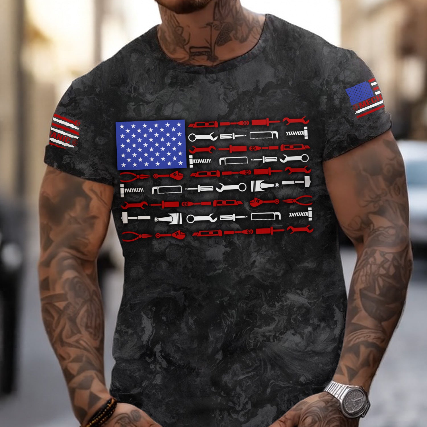 American Flag Tool Shirt, Vintage Mechanic Tools T-shirt for Men, Patriotic USA T-shirt with Wrench & Hammer, Perfect Gift for Tradesmen & DIY Enthusiasts