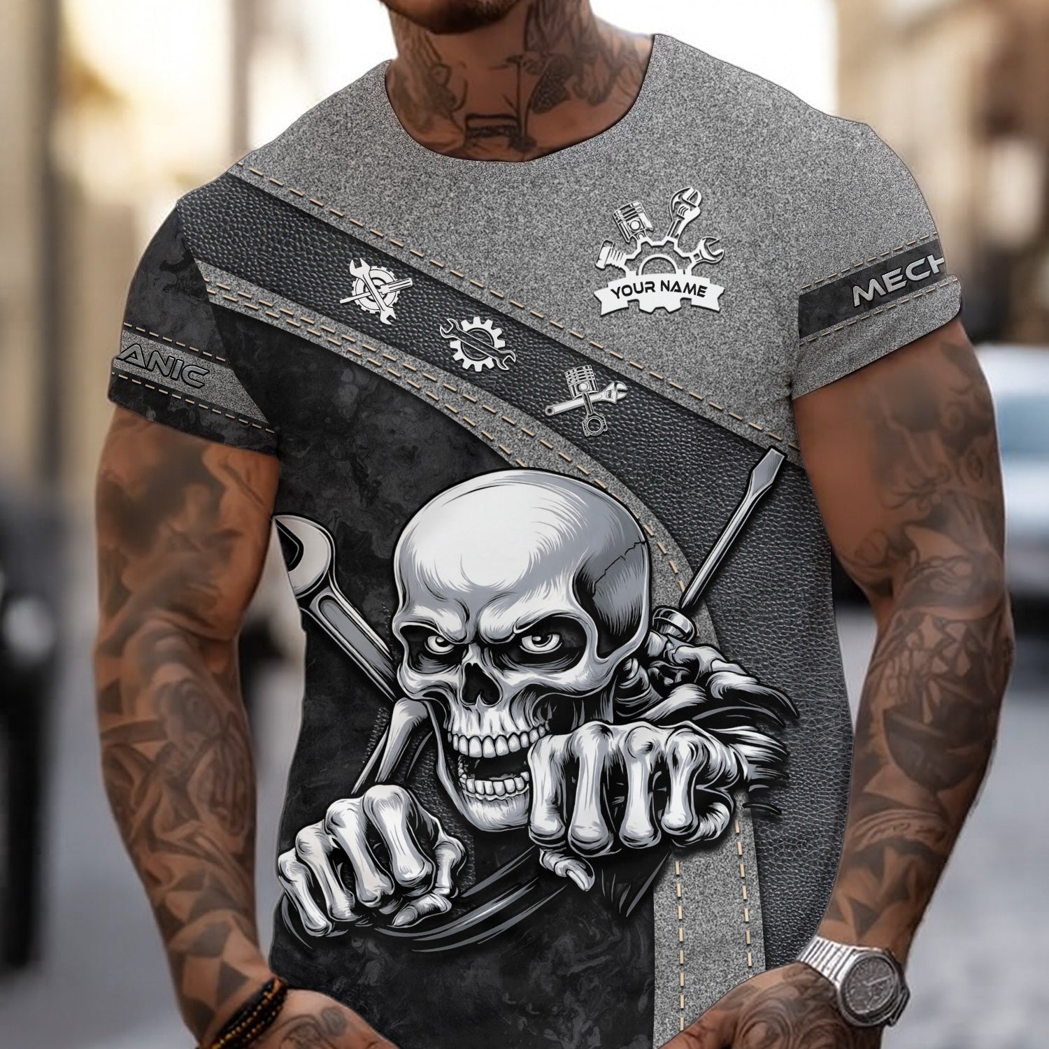 Personalized Skull Mechanic Shirt, Custom Name Mechanic Shirt, Unique Gift for Mechanics, Cool Mechanic Apparel