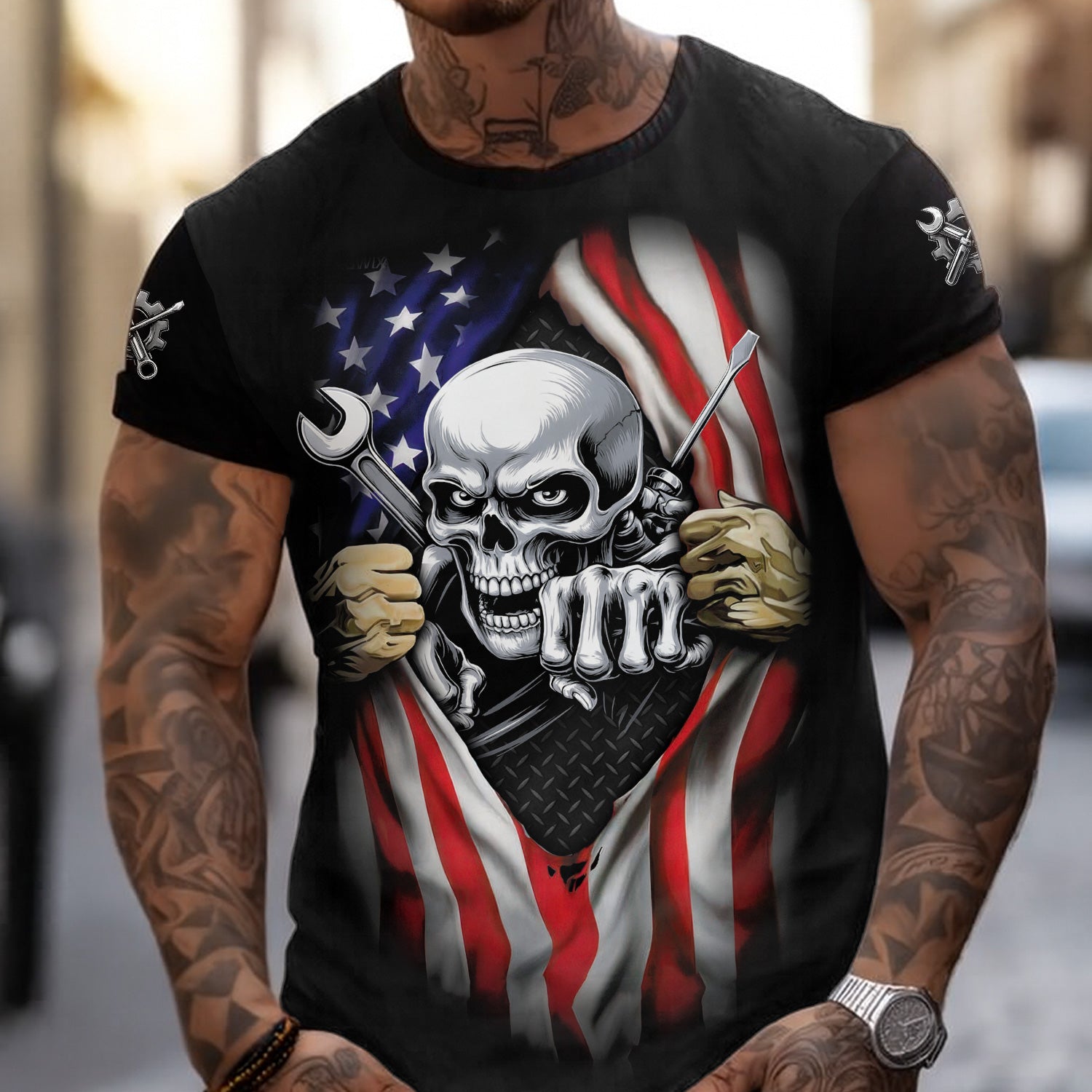 Skull Wrench T-Shirt, American Flag Design, Mechanic, Worker Gift, Unique Skull Graphic Tee for Men, Customizable Apparel, Cool Work Shirt