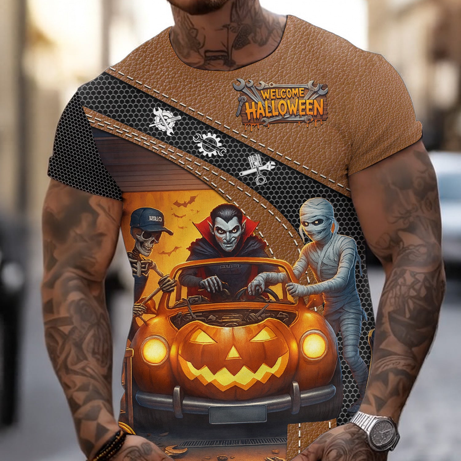 Halloween Mechanic T Shirt Funny Vampire Skeleton Mummy Pumpkin Car Spooky Auto Repair Garage Workwear Tee Gift For Men Women Halloween