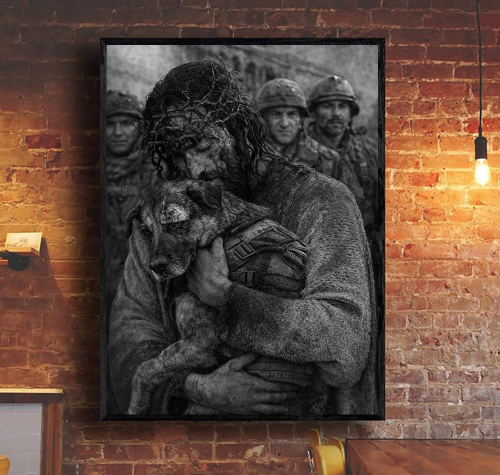 Christian Wall Art Canvas Print, Jesus Embracing Dog Poster, Religious Black White Canvas, Faith Based Gift For Home Decor