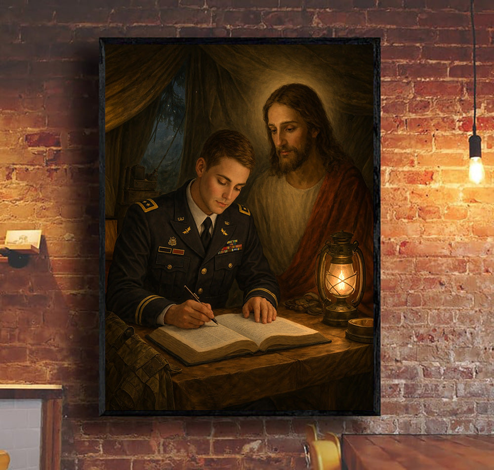 Jesus with Soldier Wall Art Canvas, Christian Military Prayer Artwork, Faith and Veteran Decor, Religious Soldier Painting Print, Patriotic Christian Gift
