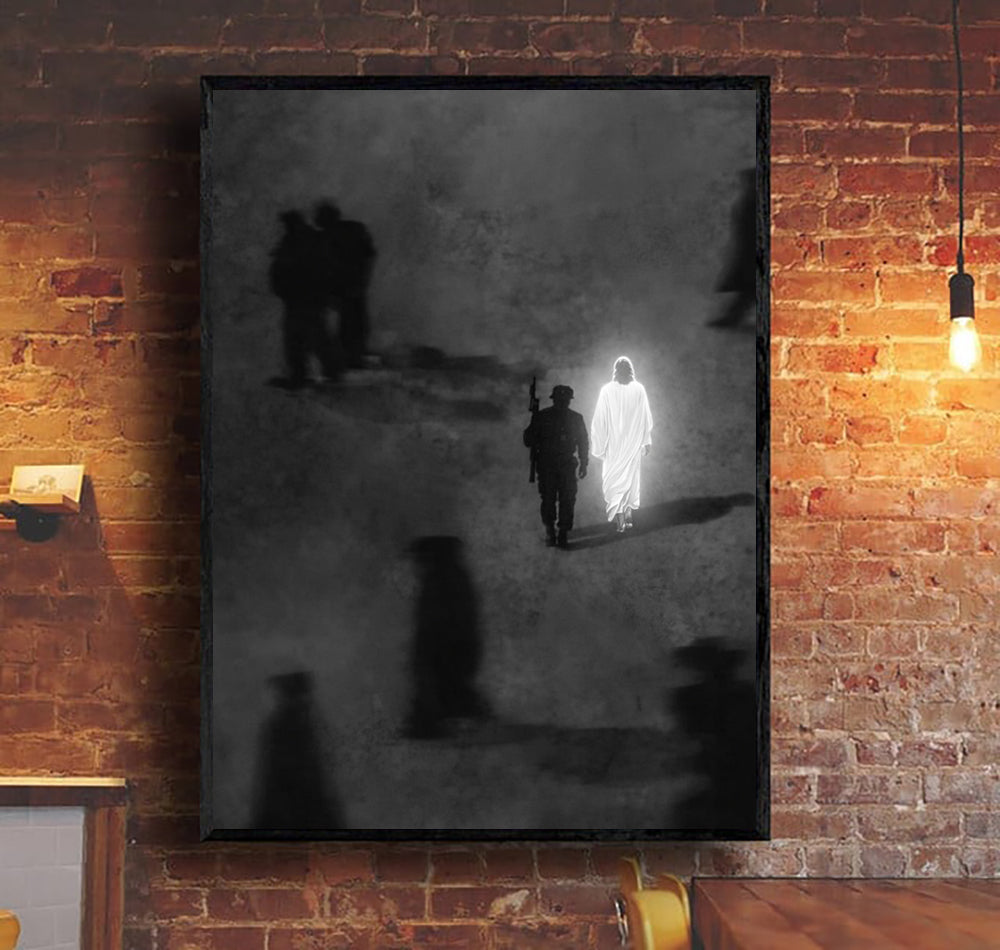 Jesus Walks With You Canvas Wall Art, Christian Canvas Print, Faith Over Fear Decor, Religious Gift for Veteran, Christian Home Decor