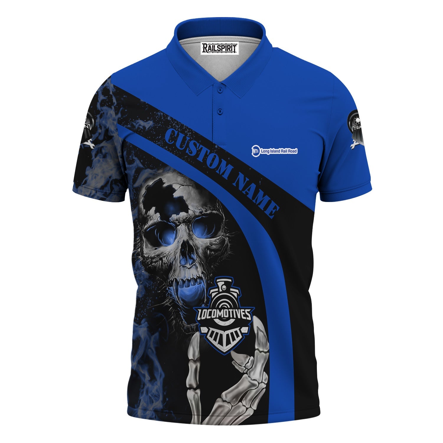Railspirit Personalized Long Island Railroad Polo Shirt Flame Skull Design Train Shirt for Locomotive Fans