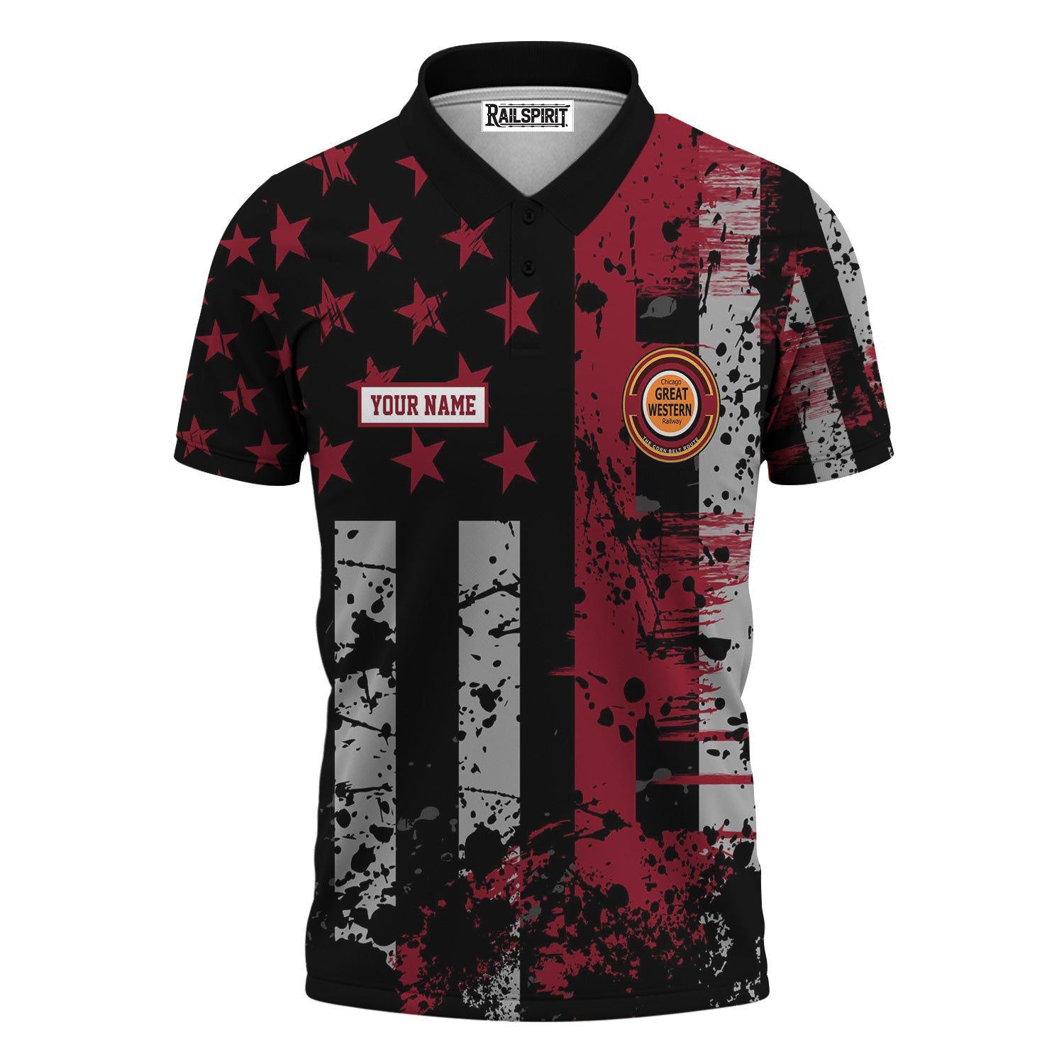 Railspirit Personalized Chicago Great Western Railroad Polo Shirt Artistic Paint American Flag Style Train Shirt