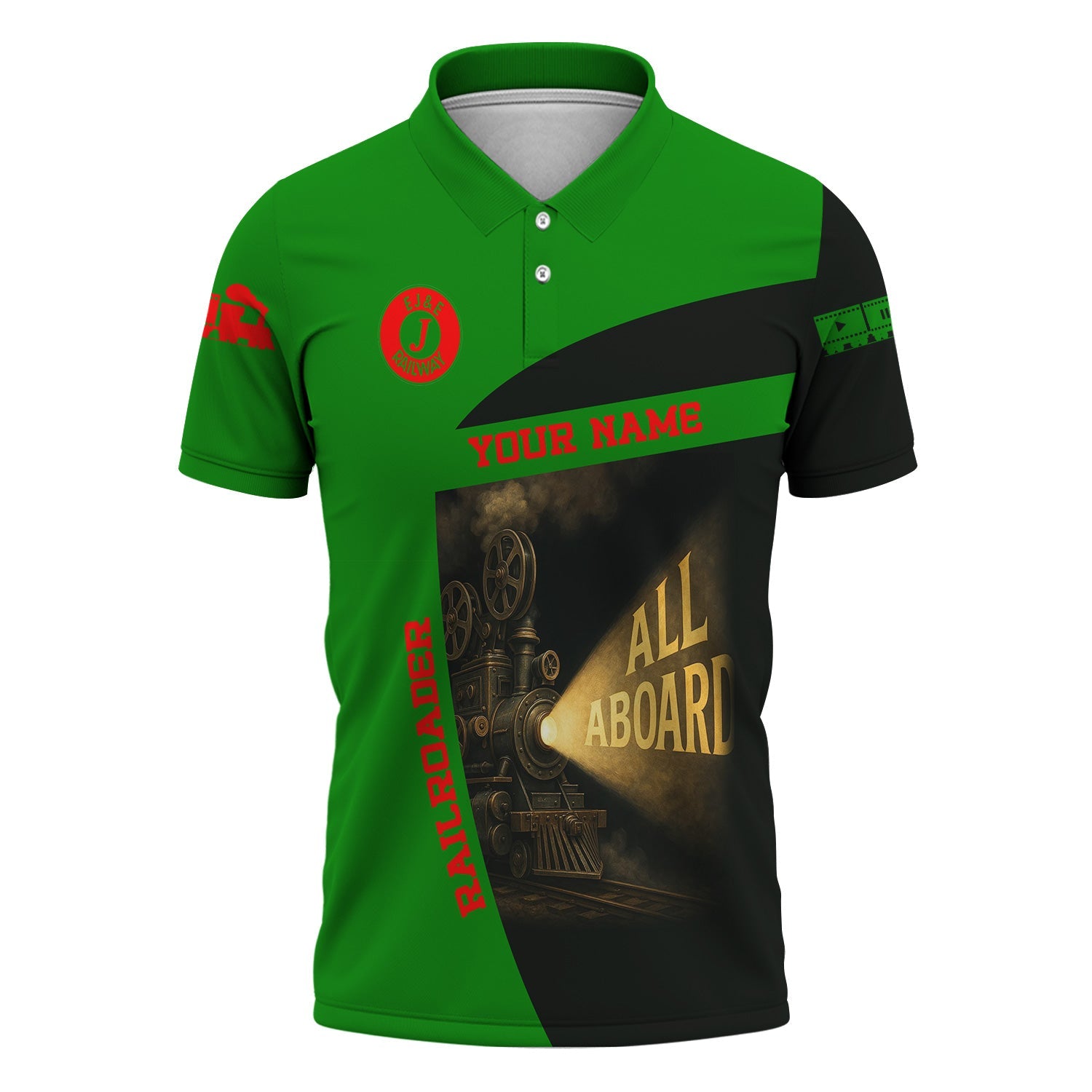 Railspirit Personalized Elgin Joliet And Eastern Railroad Polo Shirt All Aboard Steam Train Movie Projector Style Shirt