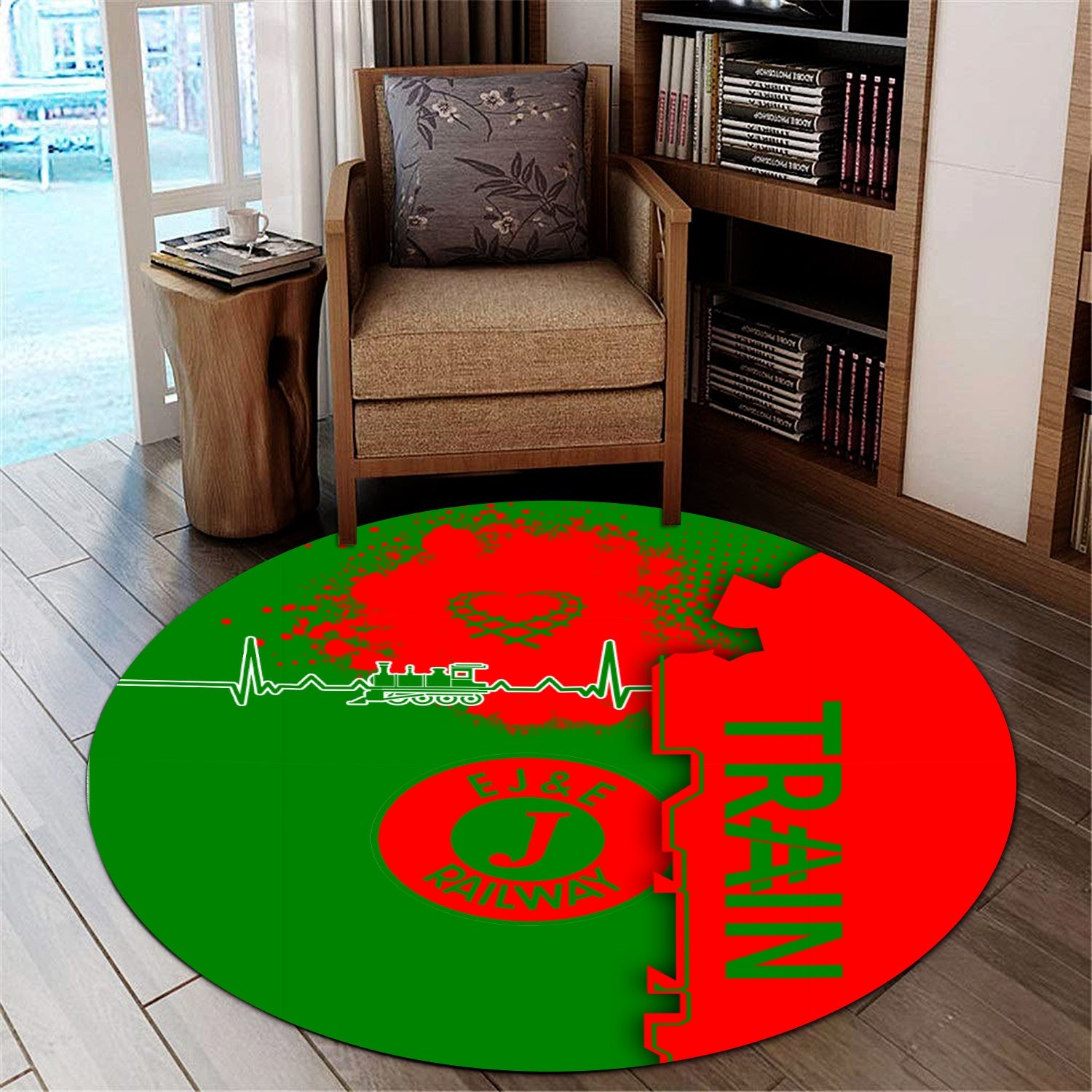 Railspirit Elgin Joliet And Eastern Railroad Round Mat Engine Heartbeat and Track Love Style Mat Gift Idea For Train Lovers