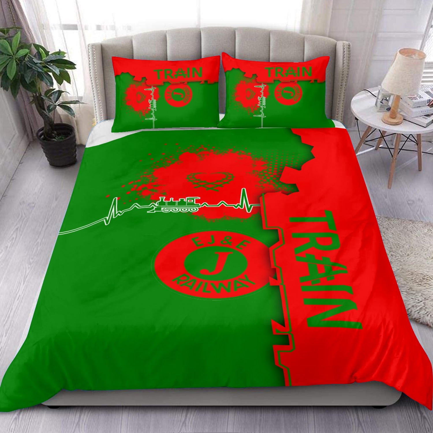 Railspirit Elgin Joliet And Eastern Railroad Bedding Set Engine Heartbeat and Track Love Style Bedding Set Gift Idea For Train Lovers