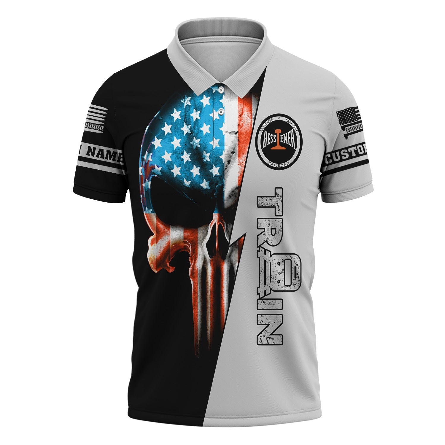 Railspirit Personalized Bessemer And Lake Erie Railroad Polo Shirt Train Skull American Flag Shirt All Over Print