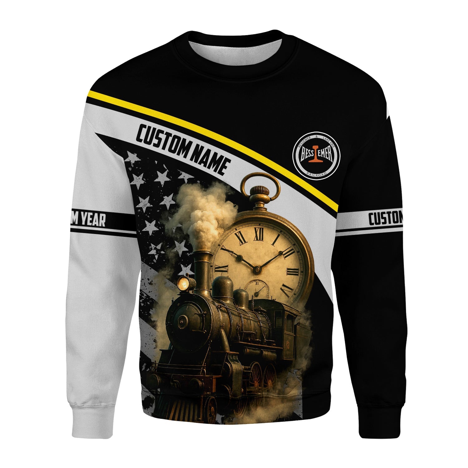 Railspirit Personalized Bessemer And Lake Erie Railroad Sweatshirt Classic Steam Engine With Retro Pocket Watch Shirt All Over Print
