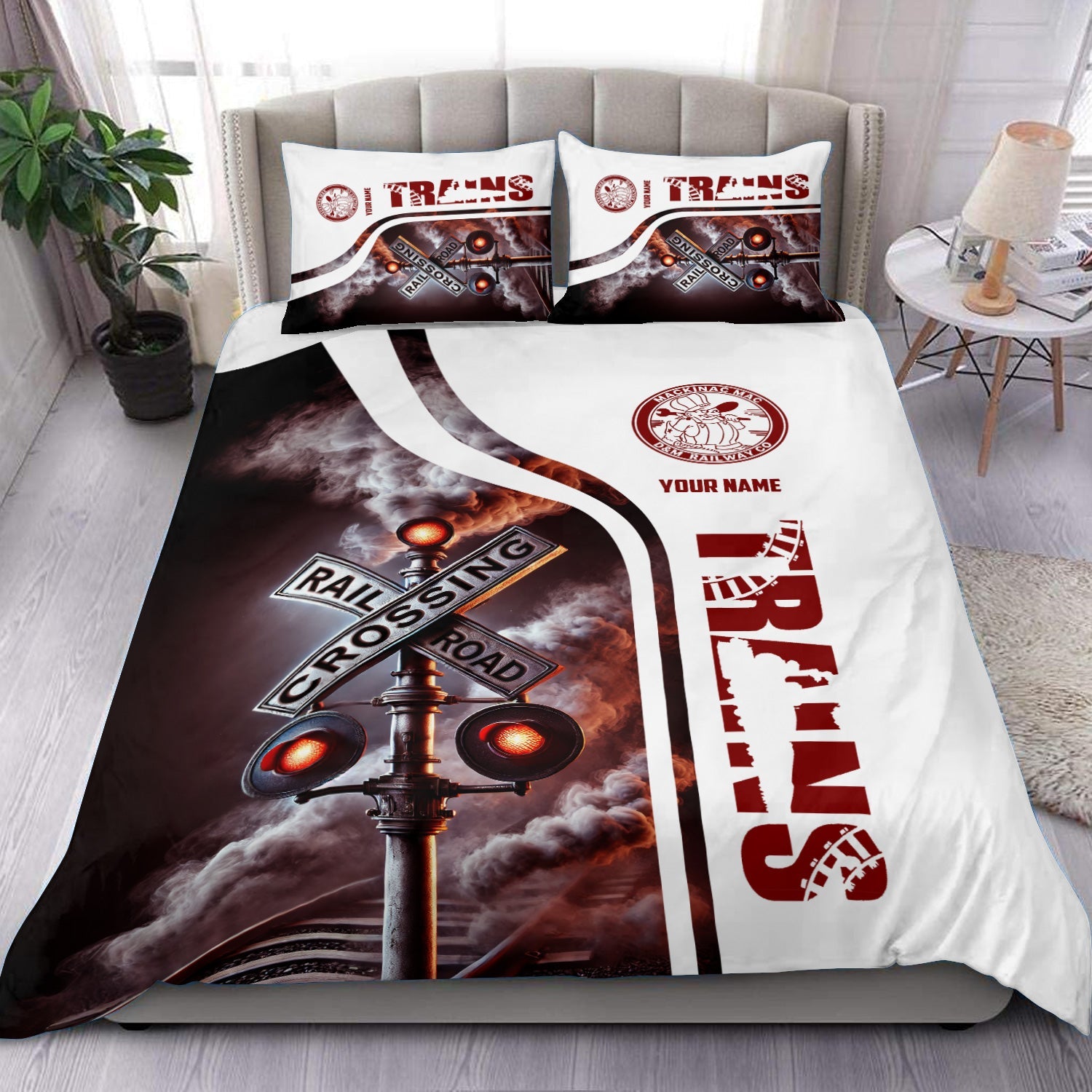 Railspirit Personalized Detroit & Mackinac Railroad Bedding Set Railroad Crossing Sign Bedding Set All Over Print