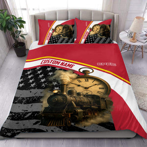 Railspirit Personalized Canadian Pacific Kansas City Bedding Set Classic Steam Engine With Retro Pocket Watch CPKC Bedding Set All Over Print