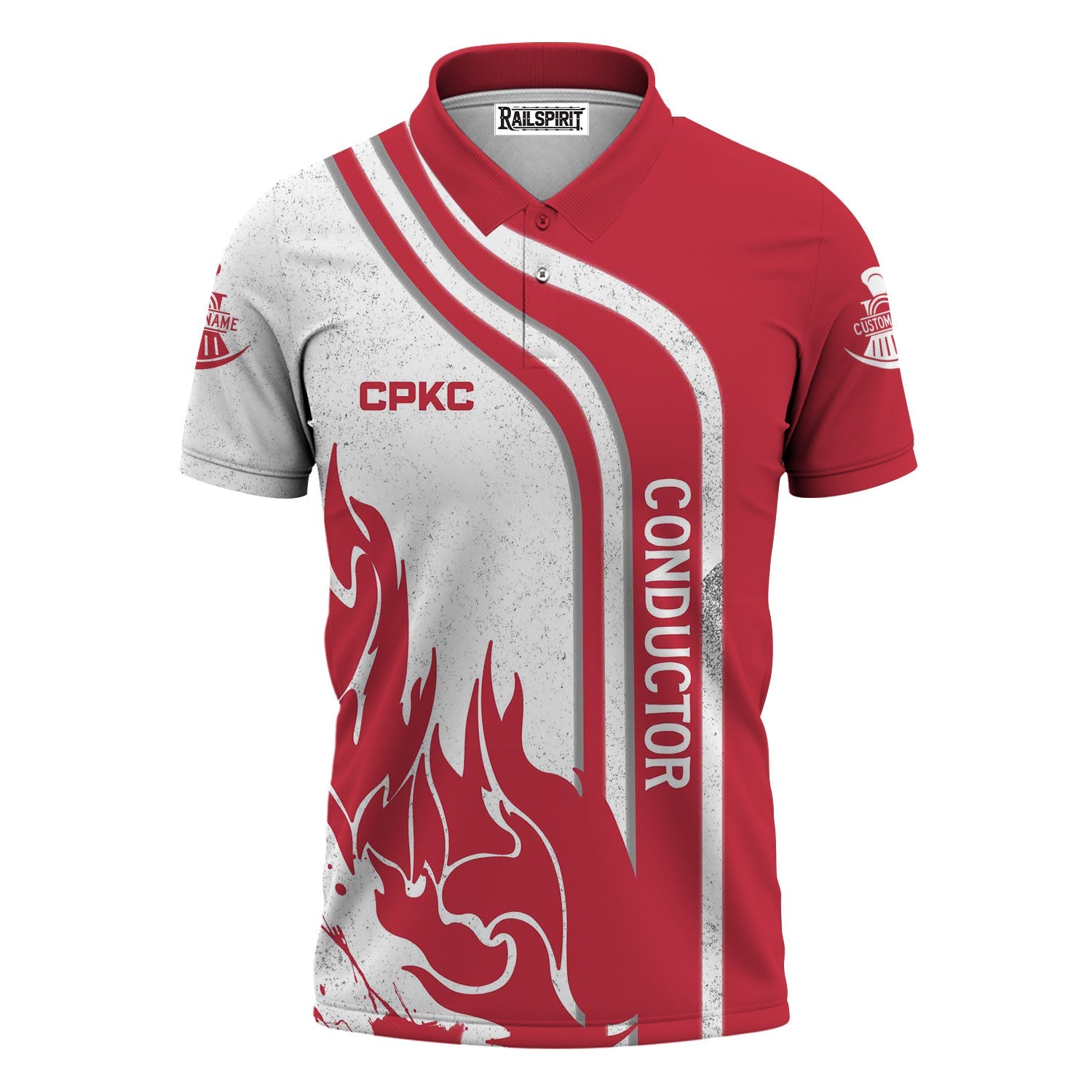 Railspirit Personalized Canadian Pacific Kansas City Polo Shirt Flame Design with Custom Job Position CPKC Train Shirt