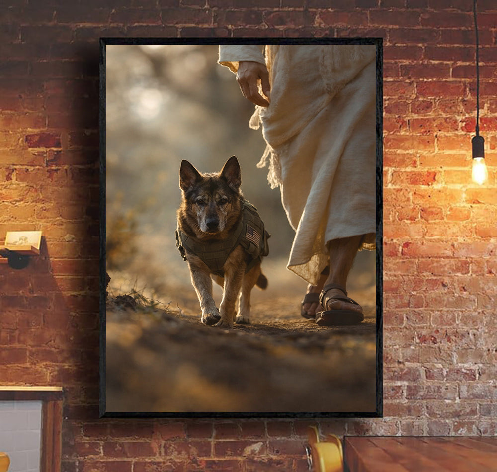 Jesus Walking With Dog Wall Art Canvas Print, Christian Home Decor, Faith Inspired Artwork, Religious Gift For Dog Lover, Spiritual Canvas Poster Living Room Decor