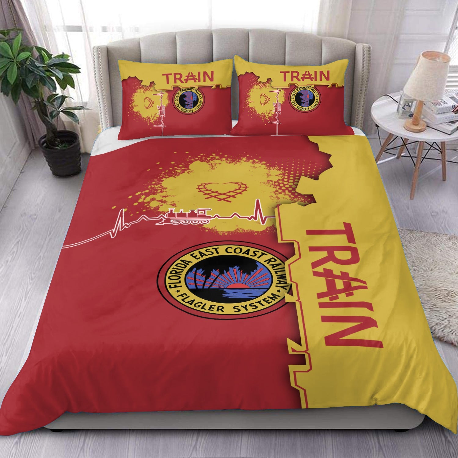 Railspirit Florida East Coast Railway Bedding Set Engine Heartbeat and Track Love Style Bedding Set Gift Idea For Train Lovers