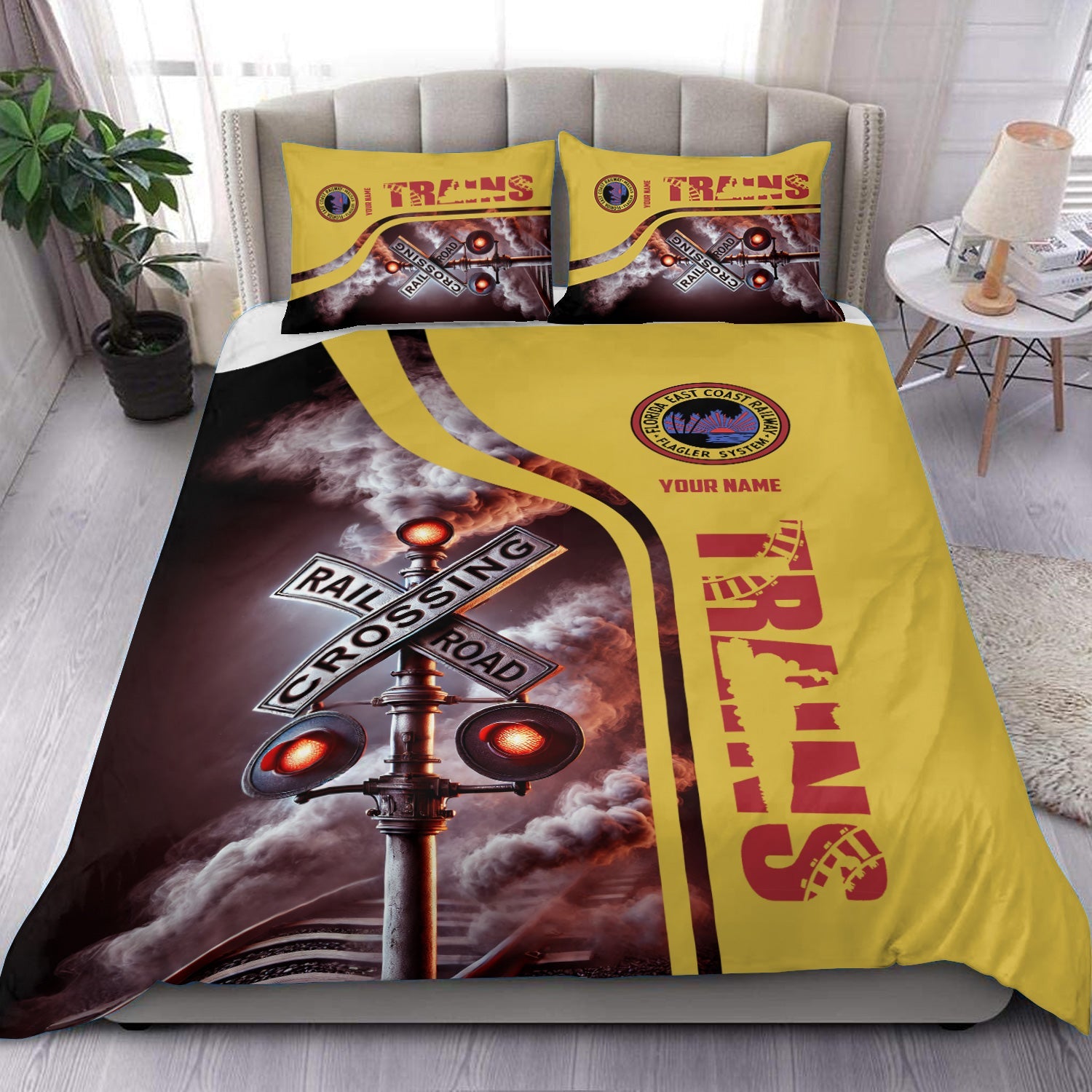 Railspirit Personalized Florida East Coast Railway Bedding Set Railroad Crossing Sign Bedding Set All Over Print