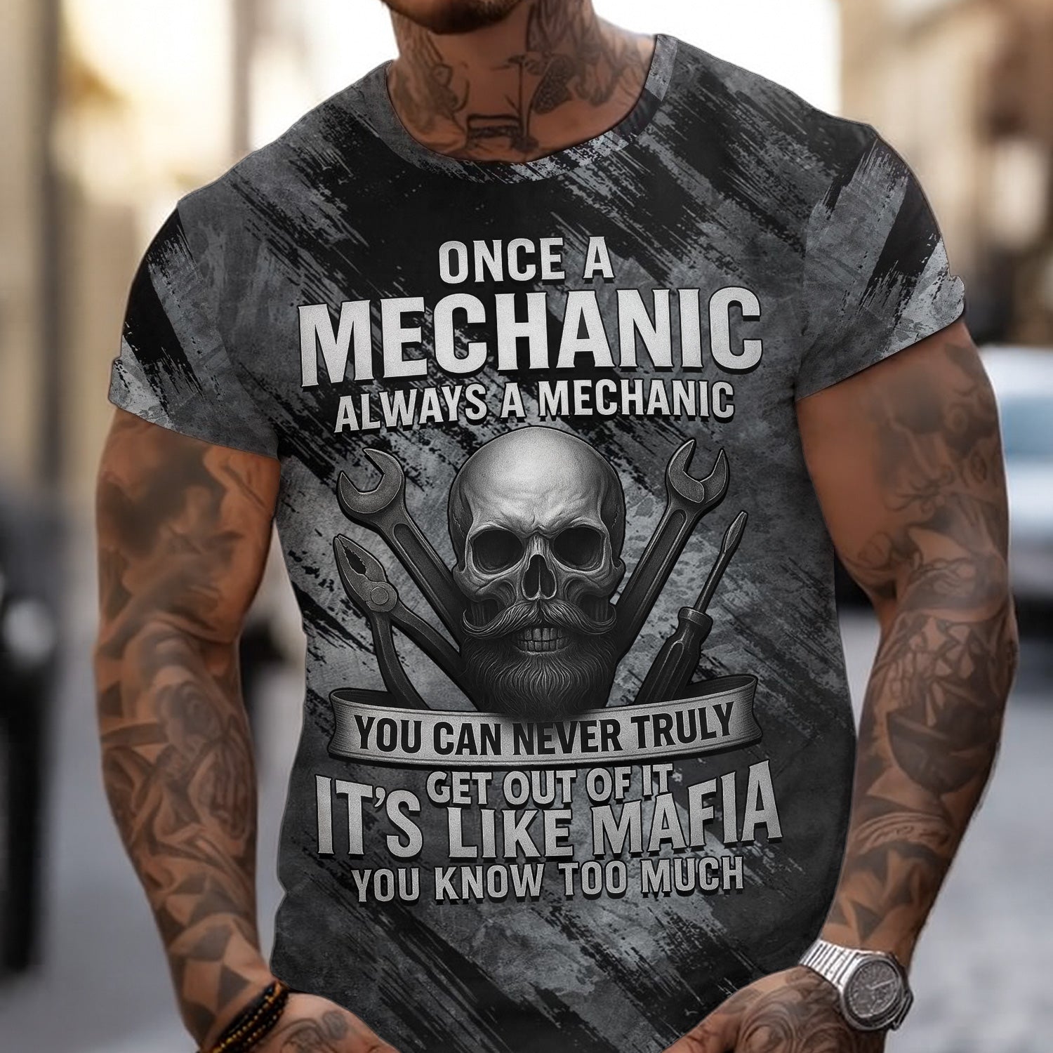 Once A Mechanic Always A Mechanic Shirt Funny Printed Vintage Mechanic Unisex T Shirt Skull and Mechanic Tools Design