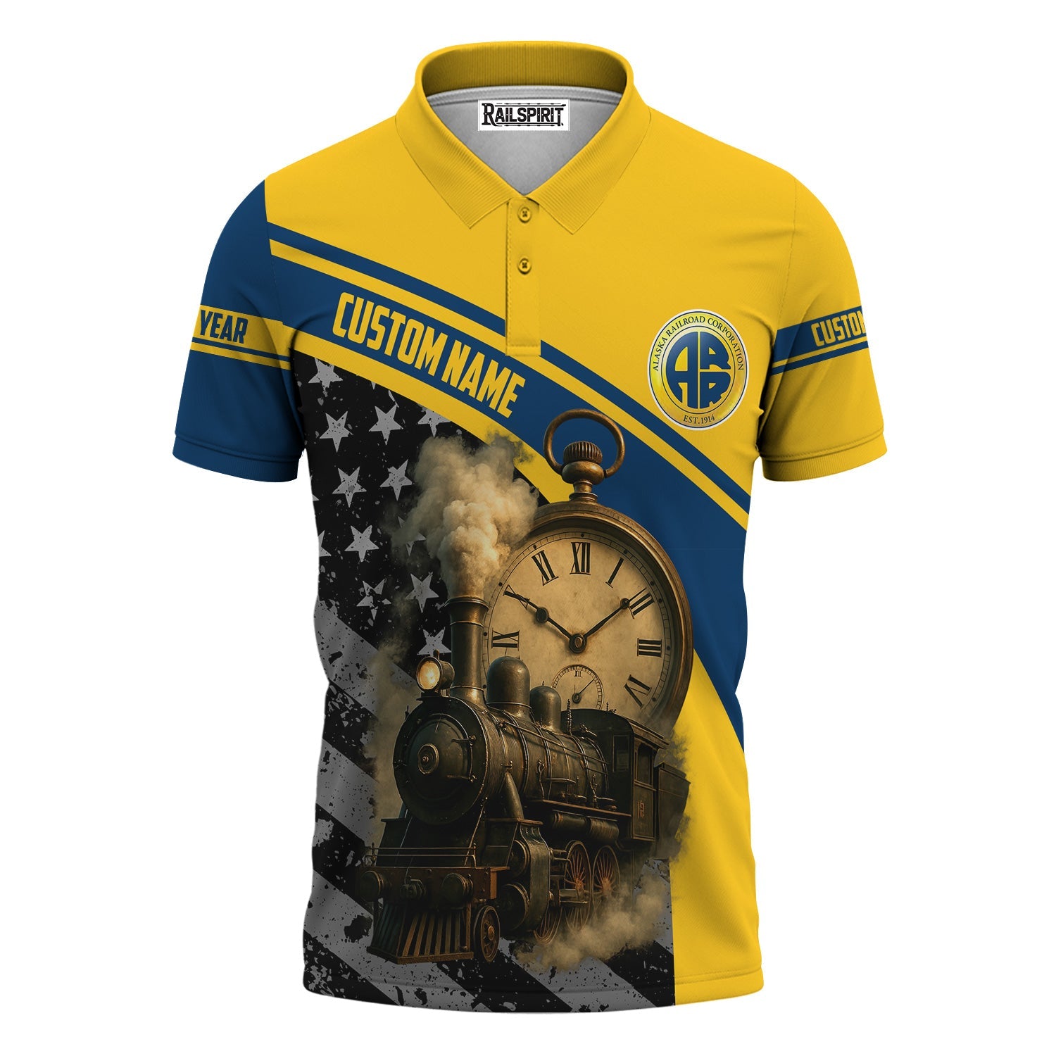 Railspirit Personalized Alaska Railroad Polo Shirt Classic Steam Engine With Retro Pocket Watch Shirt All Over Print