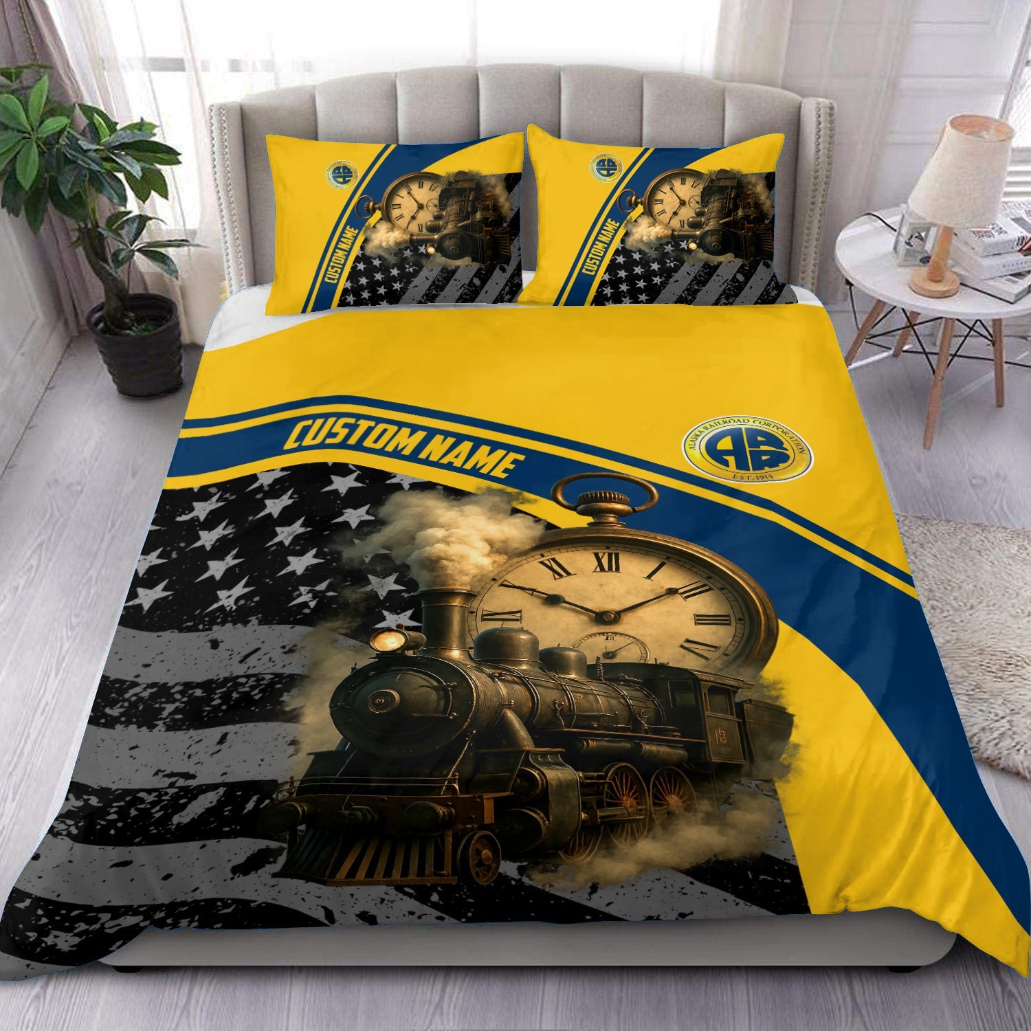 Railspirit Personalized Alaska Railroad Bedding Set Classic Steam Engine With Retro Pocket Watch Bedding Set All Over Print
