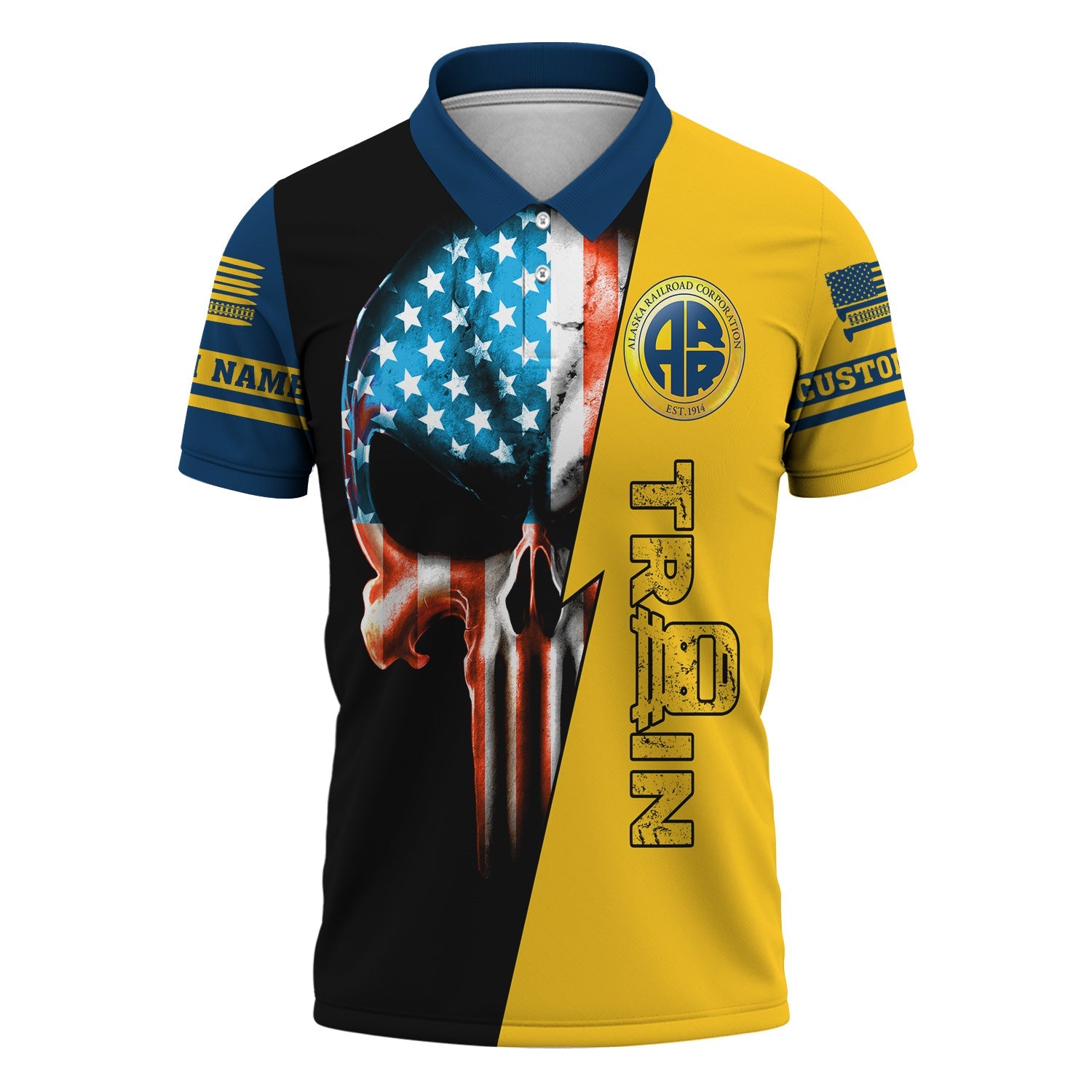 Railspirit Personalized Alaska Railroad Polo Shirt Train Skull American Flag Shirt All Over Print