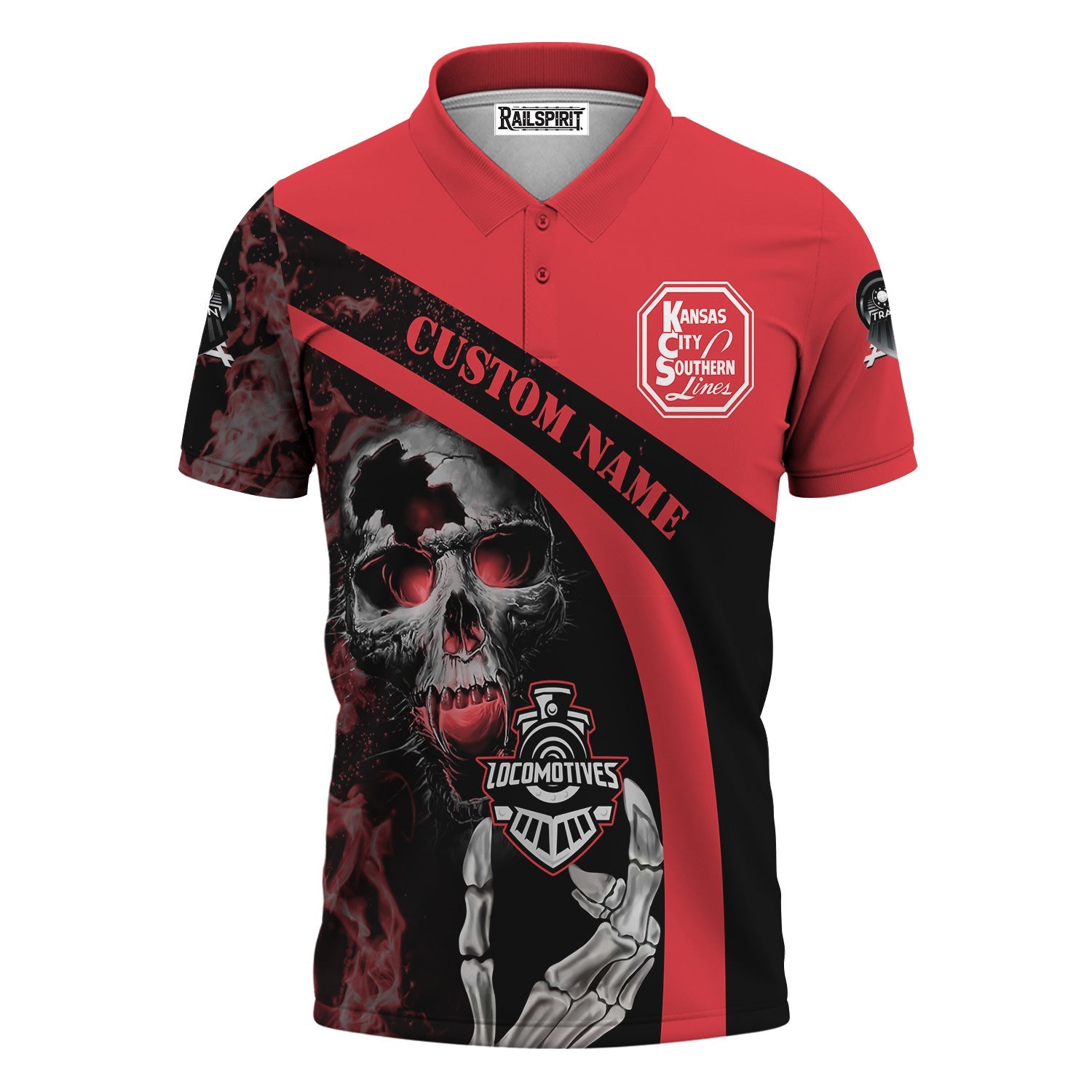 Railspirit Personalized Kansas City Southern Polo Shirt Flame Skull Design Train Shirt for Locomotive Fans