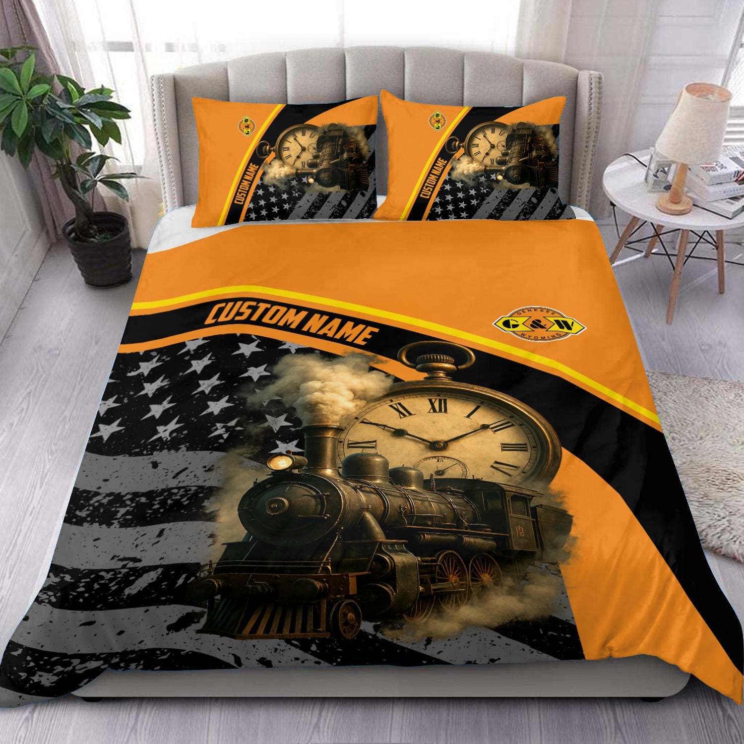 Railspirit Personalized Genesee & Wyoming Inc. Railroad Bedding Set Classic Steam Engine With Retro Pocket Watch Bedding Set All Over Print