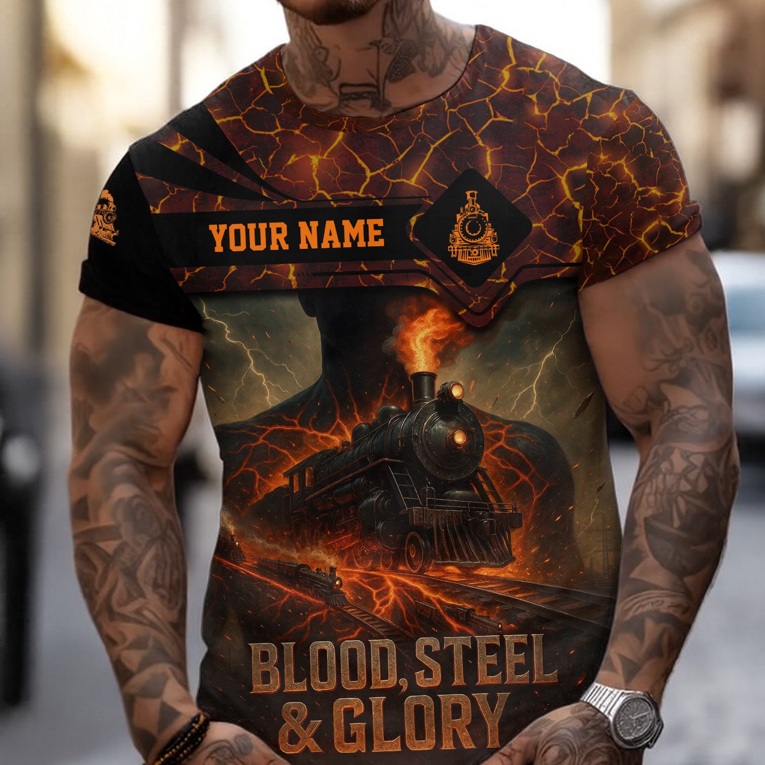Custom Name Steam Train T-shirt, Blood Steel and Glory, Train Lover Gift