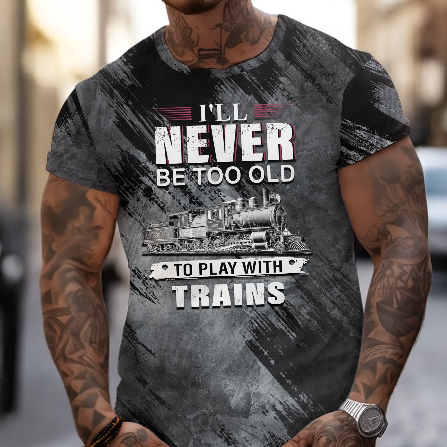 Custom Name Steam Train T-shirt, I'll Never Be Too Old To Play With Trains, Vintage Design, Train Lover Gift