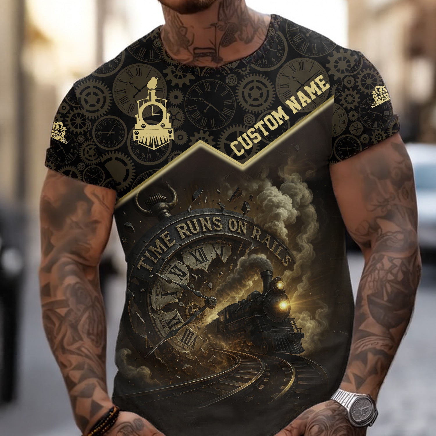 Custom Name Steam Train T-shirt, Time Runs On Rails, Vintage Train with Clock Design, Train Lover Gift