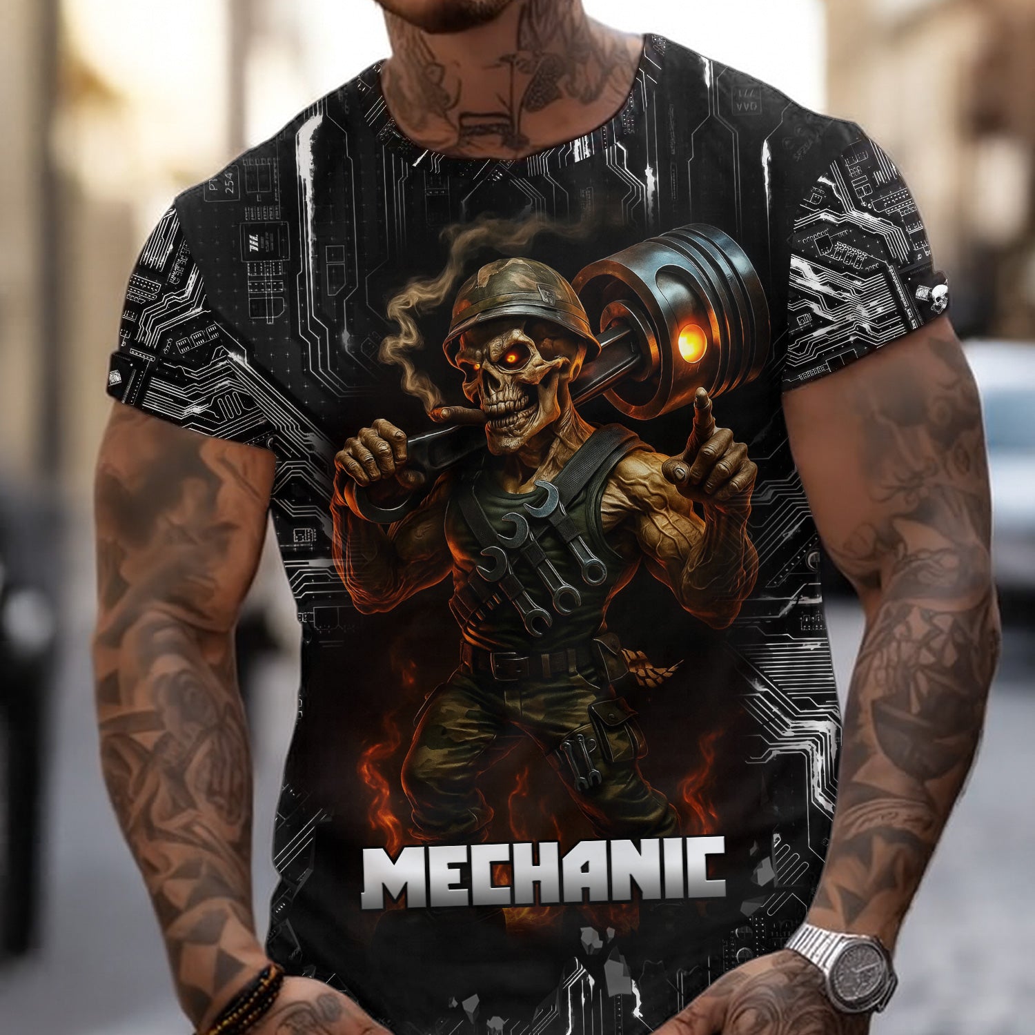 Mechanic Shirt Soldier Skull Holding Giant Engine Piston Design T Shirt All Over Printed