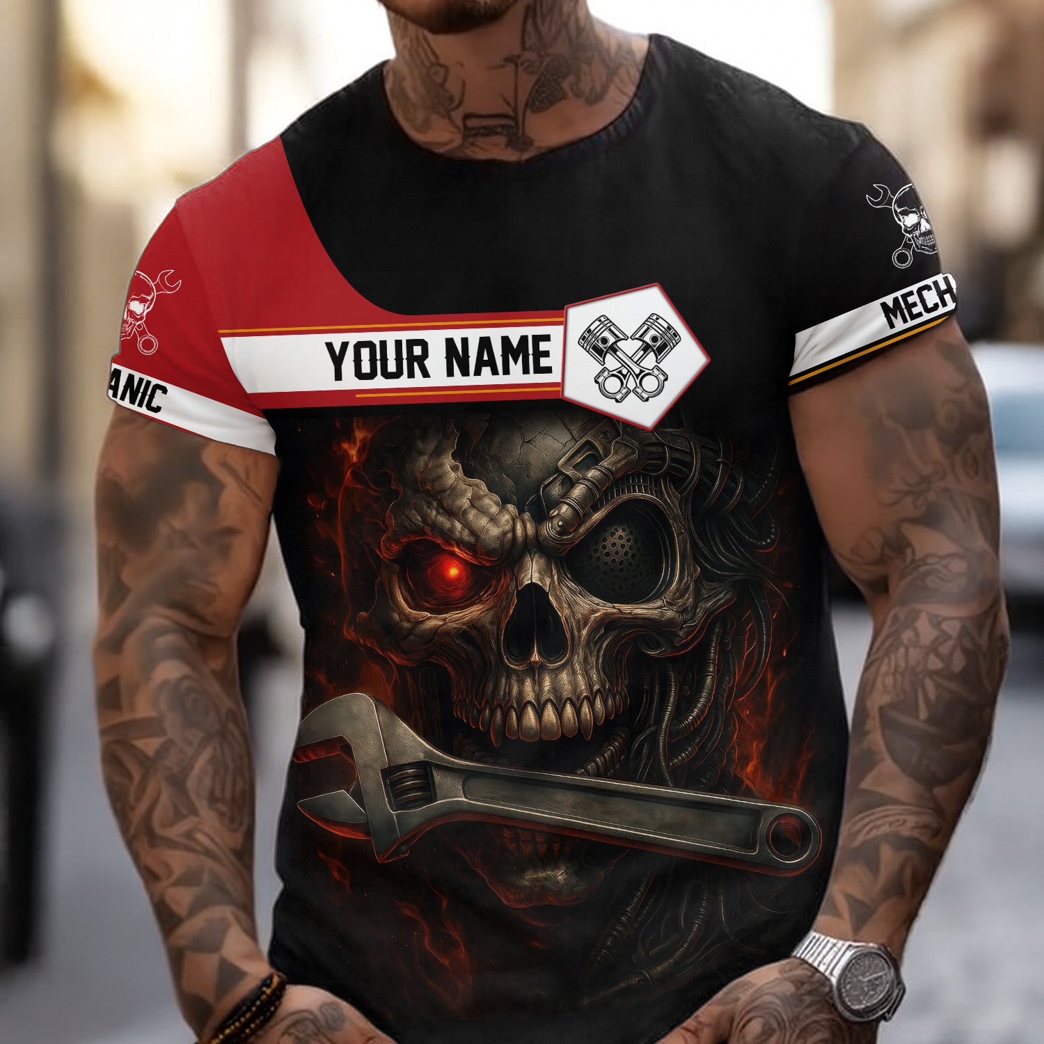 Custom Name Mechanic Shirt Cyber Skull with Wrench Design T Shirt