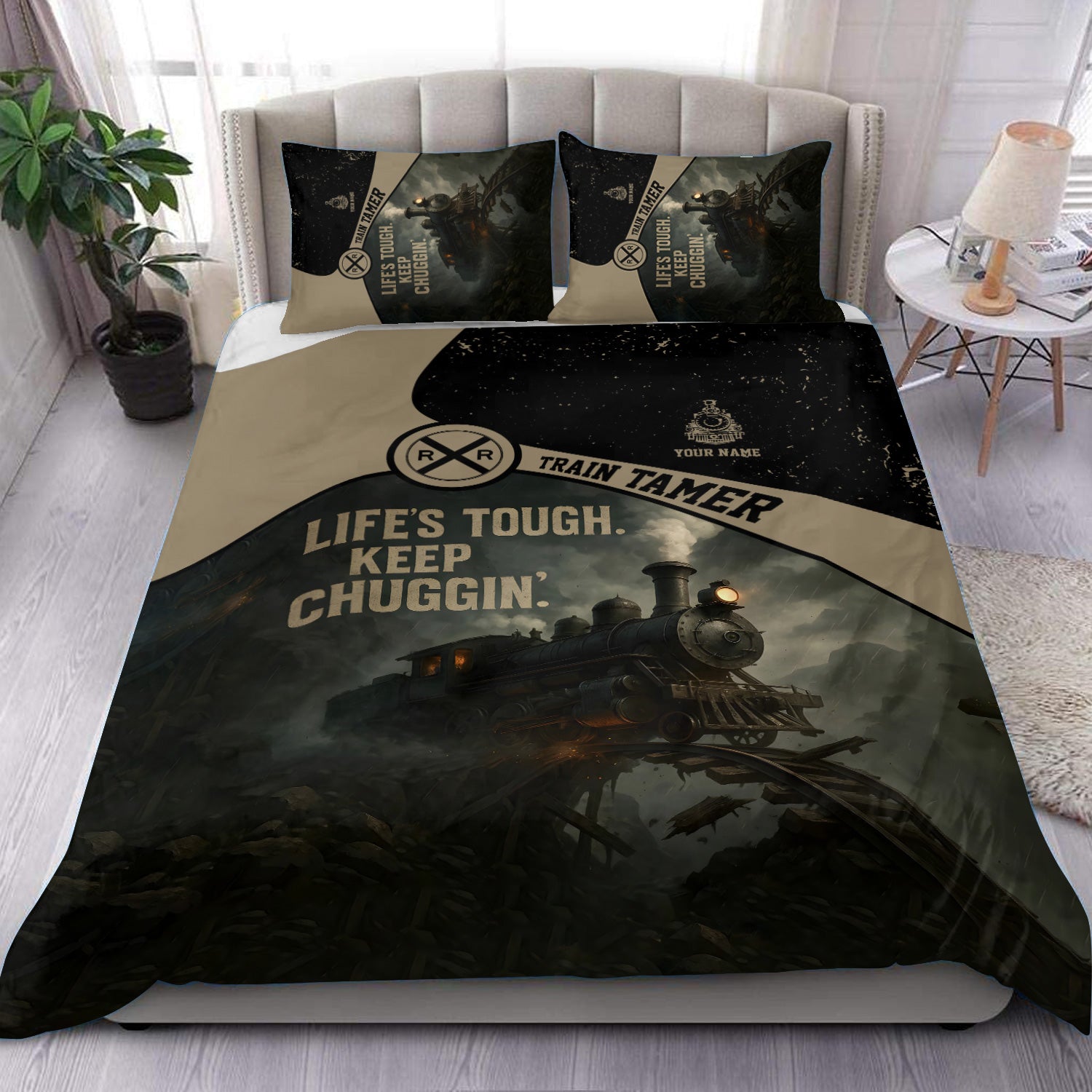 Railspirit Personalized Bedding Set Life's Tough Keep Chuggin' Vintage Train Bedding Set for Train Tamer