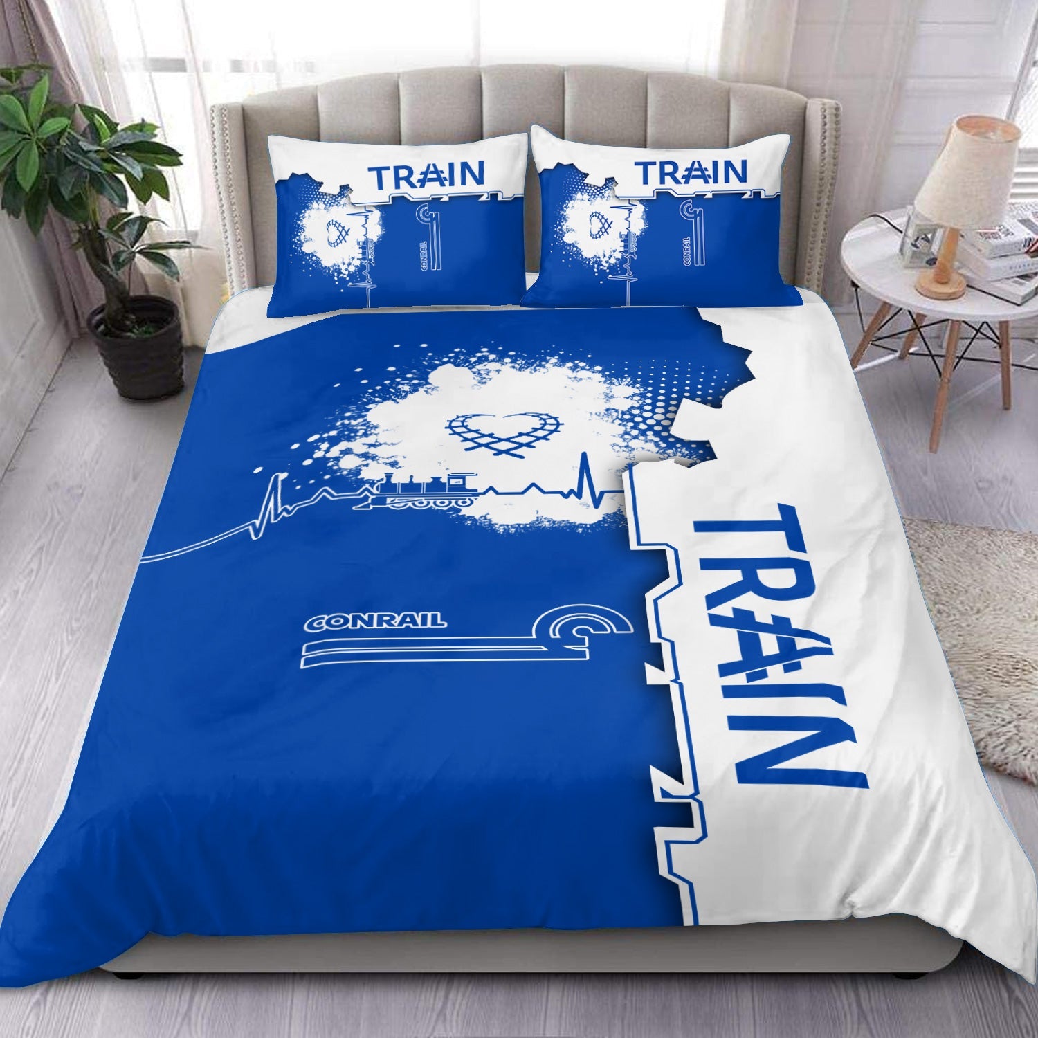 Railspirit Conrail Railroad Bedding Set Engine Heartbeat and Track Love Style Bedding Set Gift Idea For Train Lovers