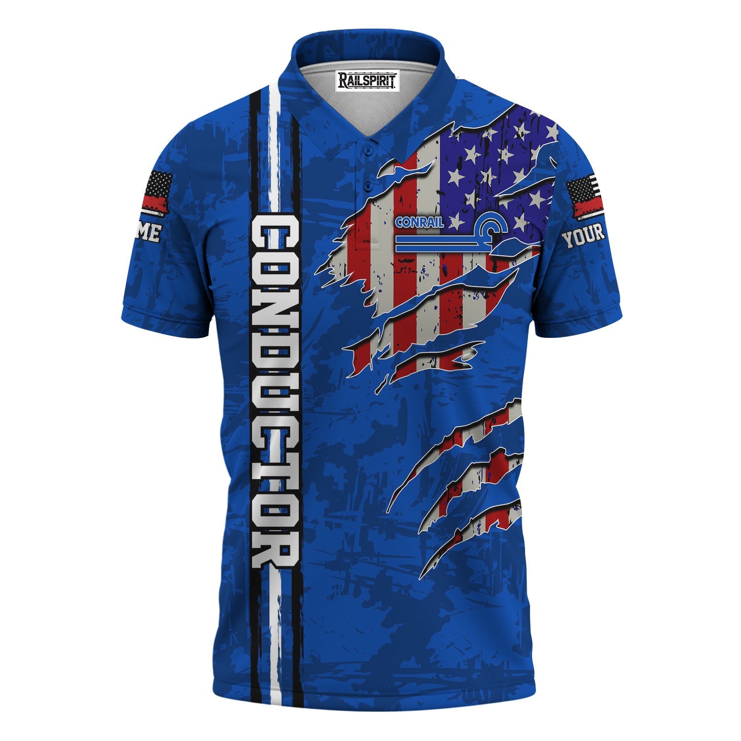 Railspirit Personalized Conrail Railroad Polo Shirt USA Flag Claw Art with Custom Job Train Shirt