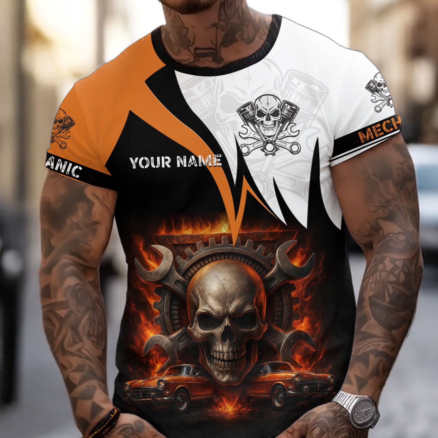 Custom Name Mechanic Shirt Flame Skull Wrench Gear Vintage Car Design T Shirt